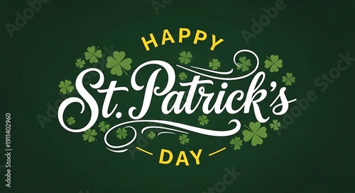 Elegant St. Patrick's Day greeting with flowing script text "Happy St. Patrick's Day" framed by shamrocks on a dark green background.