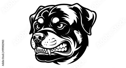 Aggressive Rottweiler Head Illustration, Fierce Dog Face, Black and White