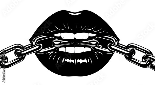 Black lips biting metal chain, symbolizing silence, oppression, or restraint.