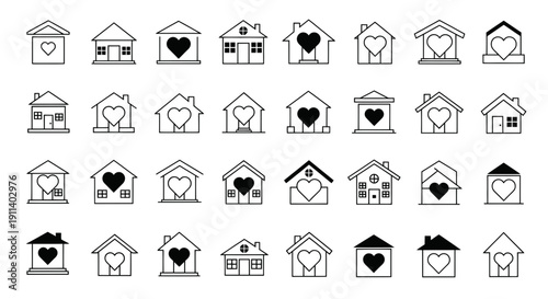 Collection of Simple House Icons with Heart Symbol, Love Home Concept