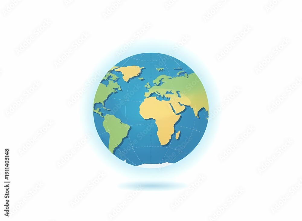 Obraz premium A vibrant, stylized 3D illustration of the Earth globe showing continents and oceans with a subtle glow and shadow on a white background.