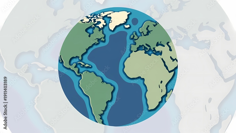 Obraz premium A stylized cartoon illustration of the Earth globe, prominently featuring the Atlantic Ocean and surrounding continents, set against a faded world map background.
