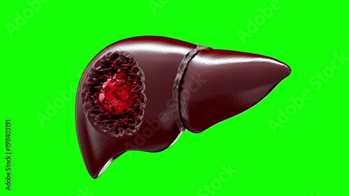 Fatty liver disease and liver cancer concepts. Red cancerous mass is eating away at and invading the liver. for medical education and 3D healthcare perception render on green screen.