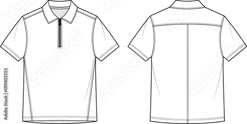 Men’s short sleeve polo shirt technical fashion flat with front and back views, clean line art apparel template for clothing design and manufacturing