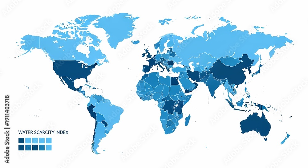 Obraz premium World map illustrating water scarcity index by country, showing varying levels of water stress across continents.
