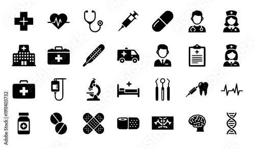 Healthcare and Hospital Solid Icon Pack – Patient Care, Medical Equipment and Treatment Glyphs