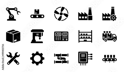 Factory Automation and Industrial Production Solid Black Icon Pack