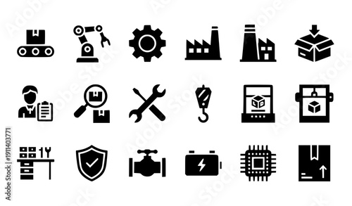 Industrial Production Line Solid Icons – Manufacturing and Automation Vector Set