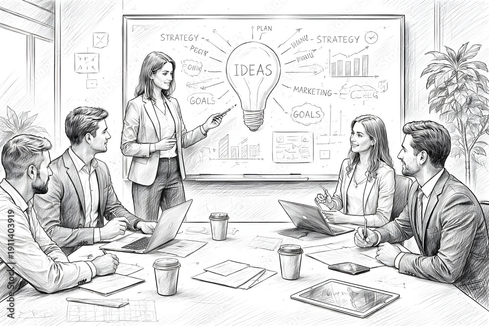 Fototapeta premium Business Brainstorming and Strategy Session, Female Leader Presenting Ideas to Team Sketch