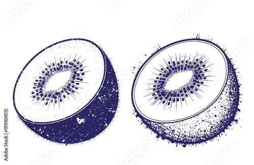 Grunge texture Two halves of a kiwi fruit with artistic grunge effect on white background  fresh and healthy food Vintage Style