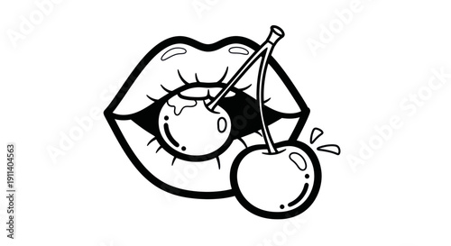 Open Mouth with Cherries, Stylized Illustration, Black and White