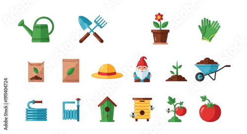 Gardening Tools and Supplies Collection Flat Icons.