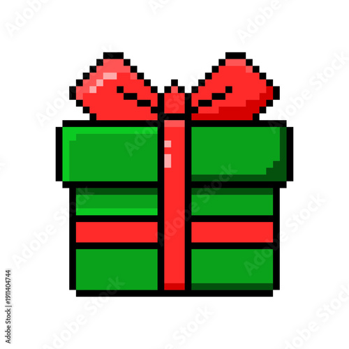 Colorful Happy Birthday Gift Box Pixel Art with Ribbon Bow. Trendy Y2K Pixelated Icon of the Current Package with a Bow Knot in a Retro 8-bit Style.