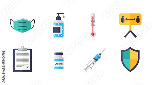 Covid-19 prevention icons: mask, sanitizer, social distance sign, vaccine, and shield