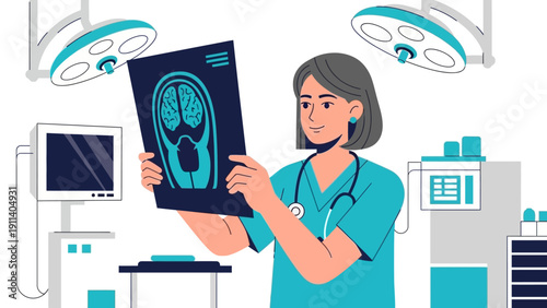 Healthcare professional analyzing brain scan in modern hospital setting