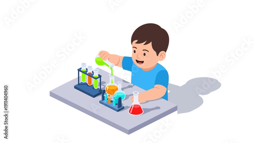 Child exploring chemistry with colorful test tubes in isometric style