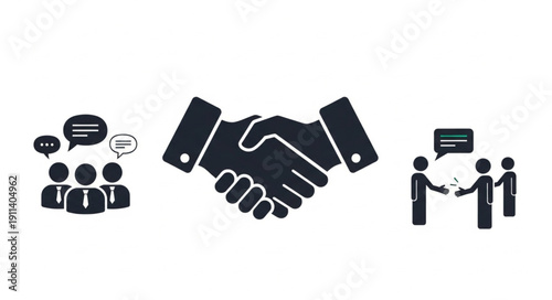 Business handshake icon with team and communication symbols.