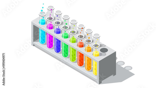 Colorful chemistry lab with isometric test tubes and bubbles