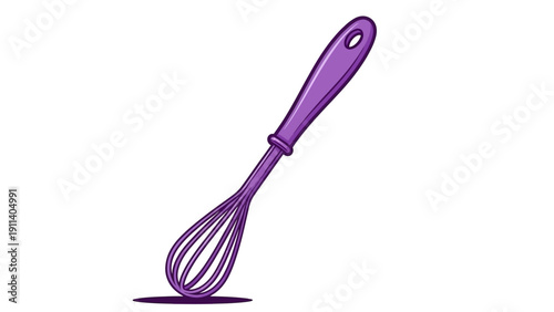 Purple whisk with shadow on white background: modern kitchenware design