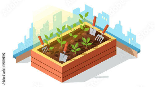 Urban rooftop gardening in isometric style with green plants and gardening tools