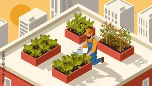 Rooftop gardening scene with man watering plants in urban setting at sunset
