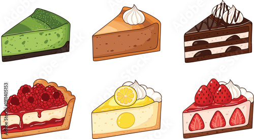 Cake slice cartoon collection. Cheesecake, chocolate cake and fruit tart illustrations. Sweet dessert pieces with strawberry, lemon and raspberry toppings.