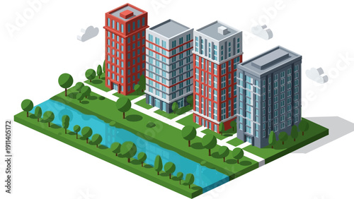 Modern isometric cityscape with high-rise buildings near a river