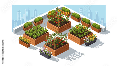 Urban rooftop garden with vegetables and flowers in raised beds against city skyline