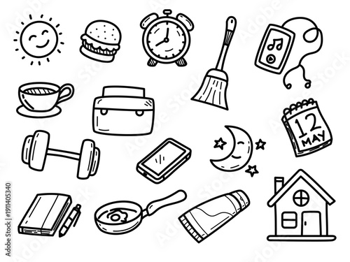 Set of daily routine doodle illustration on a white background