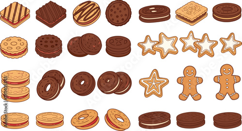 Assorted sandwich cookie illustration set. Chocolate and cream filled biscuits collection. Sweet bakery cartoon icons with star and gingerbread shapes.