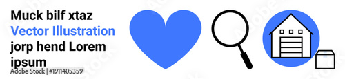 Logistics, search optimization, storage management, delivery services, analysis, e-commerce solutions. A blue heart, magnifying glass and warehouse icon. Logistics and search optimization