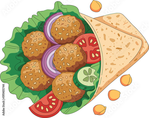 Delicious falafel wrap with fresh vegetables, tomato, cucumber, onion and lettuce, healthy mediterranean food pita sandwich vector
