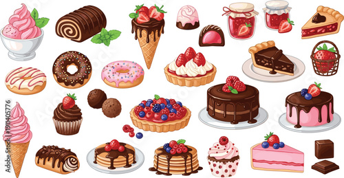 Sweet dessert and pastry illustration collection. Cakes, donuts, ice cream and berry tarts. Cute bakery set with chocolate glaze and strawberry toppings.