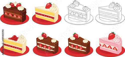 Strawberry cake slice illustration set. Chocolate and vanilla layered desserts with whipped cream. Colored and outline bakery collection for menu and packaging design.