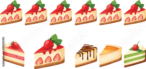Strawberry cheesecake slice illustration desserts with fruit topping and chocolate drizzle. Bakery collection of colorful cake pieces in cartoon style.