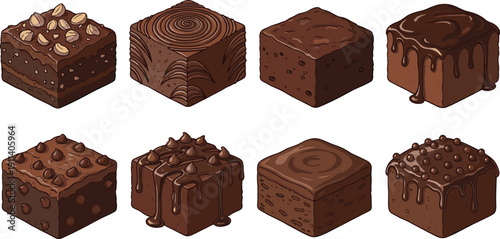 Chocolate brownie cube illustration set. Fudgy dessert squares with nuts and dripping glaze. Sweet bakery collection of rich cocoa treats and confectionery bites.
