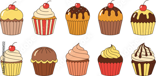 Cupcake cartoon illustration set. Chocolate and vanilla muffins with cream frosting and cherries. Cute bakery dessert collection in colorful wrapper designs.