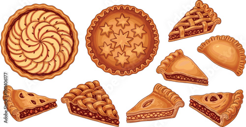 Autumn pie and pastry cartoon set. Apple tart, lattice pie and hand pie illustrations. Cozy fall bakery collection in warm golden brown tones.