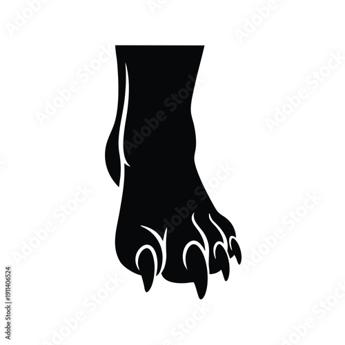 Black Silhouette of a Fierce Animal Paw with Sharp Claws Extended.