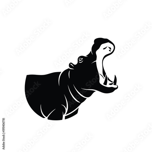 Black Silhouette of a Hippopotamus Head with Mouth Wide Open.