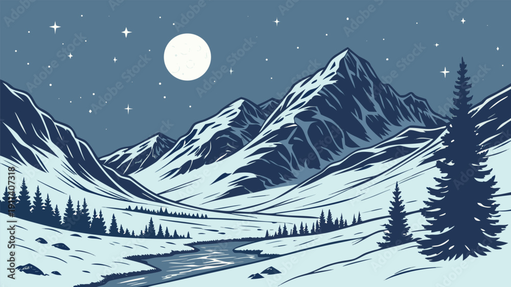 Obraz premium Starry Moonlit Winter Mountain Landscape Vector Illustration