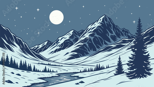 Starry Moonlit Winter Mountain Landscape Vector Illustration