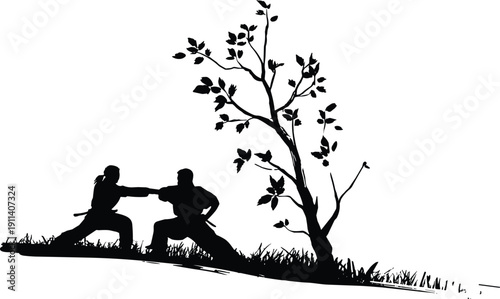 Karate Sparring Silhouette Vector Illustration, Martial Arts Fighters Training in Traditional Asian Landscape with Tree and Grass for Sports Design