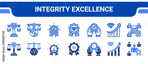 Integrity Excellence Icon Collection,  featuring Integrity, Justice, Excellence, Quality, Superior, Premium, Leadership.