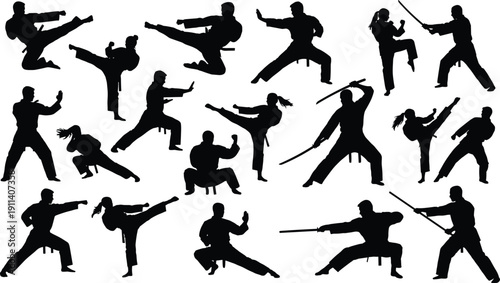 Martial Arts and Sword Fighting Silhouettes Vector Set, Karate, Taekwondo and Samurai Combat Action Poses Collection for Sports Training Design