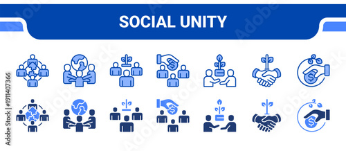 Social Unity Icon Collection,  featuring Unity, Multicultural, Society, Humanity, Support, Agreement, Contribution.
