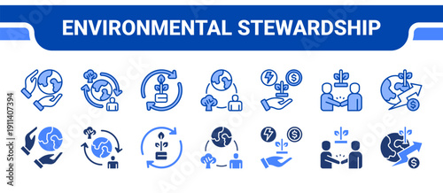 Environmental Stewardship Icon Collection,  featuring Environment, Conservation, Sustainability, Ecosystem, Resource, Commitment, Development.