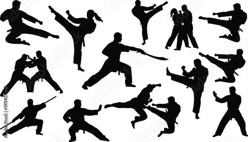 Martial Arts Silhouettes Vector Set, Karate, Taekwondo and Self Defense Combat Poses Collection Isolated on White Background for Sports Training Design