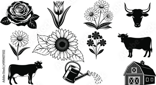 Set of Farm and Garden Illustrations Featuring Cow Silhouettes Barn Sunflower Watering Can and Floral Icons Isolated on White Background Vector