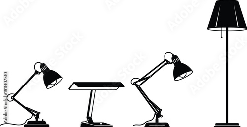 Set of Modern Desk and Floor Lamp Silhouette Icons Featuring Adjustable Table Lights and Standing Lamps Isolated on White Background